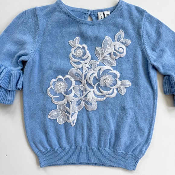 Janie and Jack Blue Floral Detail Girls Ruffle Sleeve Sweater Size 8 READ - Picture 2 of 11